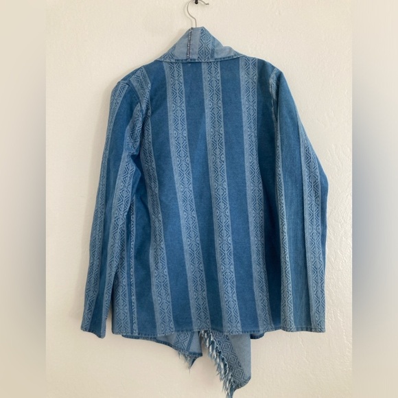 Military Hippie Fringe Denim Open Front Boho Lagenlook Southwestern Jacket S/M - Picture 6 of 9